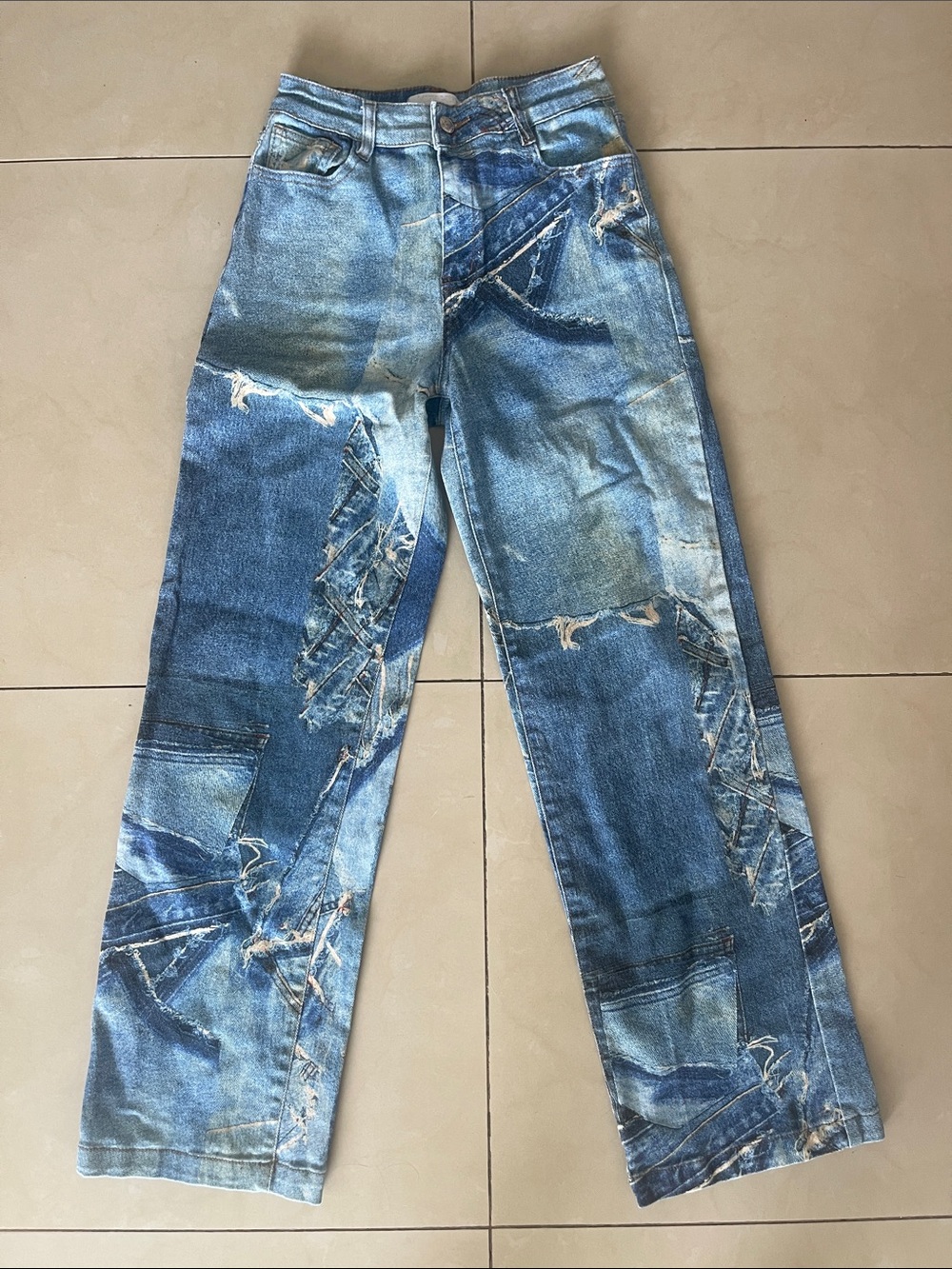 Blue Straight Leg Patch-Print Pants
